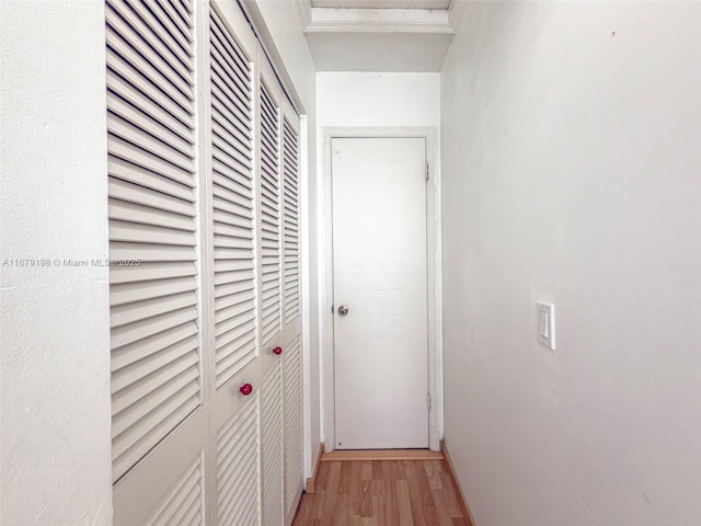 corridor featuring light hardwood / wood-style floors and ornamental molding