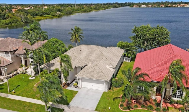 drone / aerial view with a water view