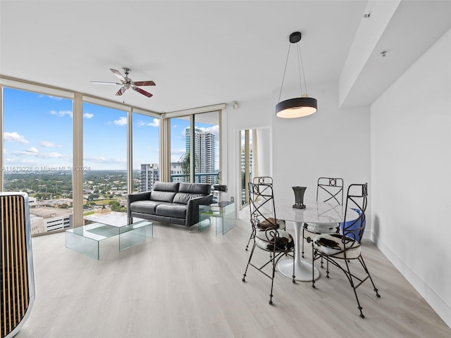 dining space featuring expansive windows, light hardwood / wood-style floors, and ceiling fan