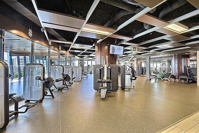 exercise room featuring wooden walls and a healthy amount of sunlight