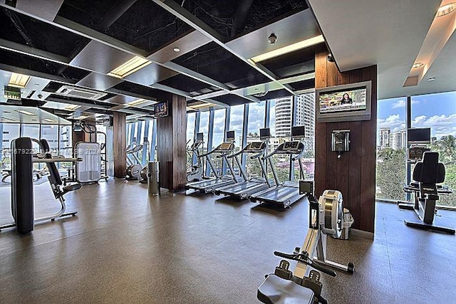 exercise room featuring wood walls and floor to ceiling windows