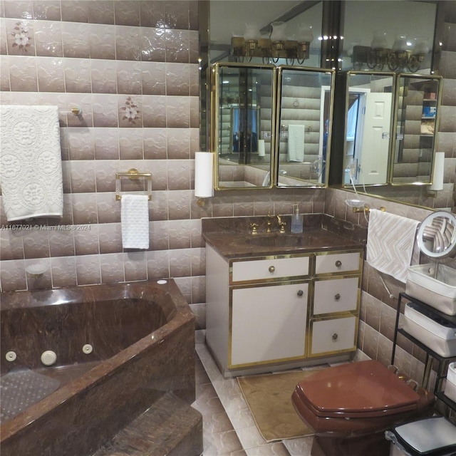 bathroom with vanity, tile walls, separate shower and tub, and decorative backsplash