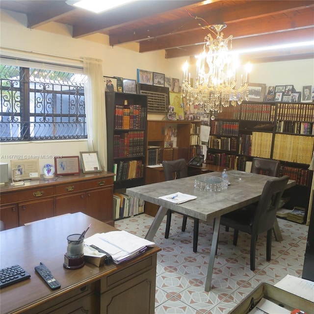 interior space featuring beamed ceiling and a chandelier