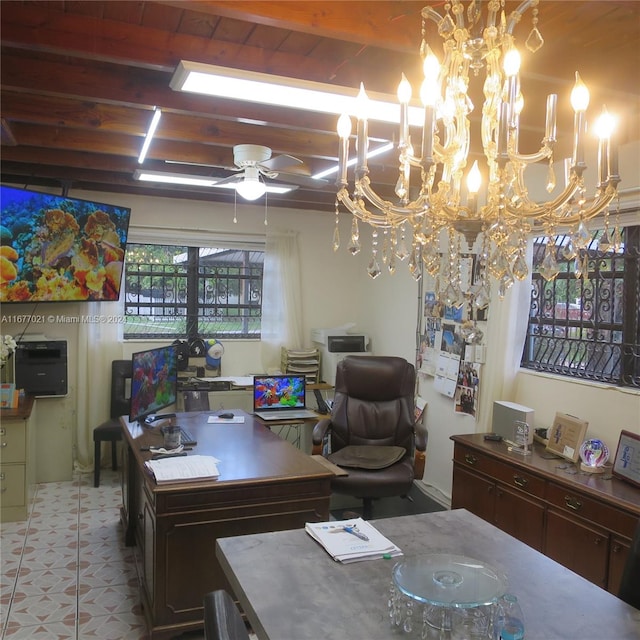 tiled home office with beamed ceiling and ceiling fan with notable chandelier