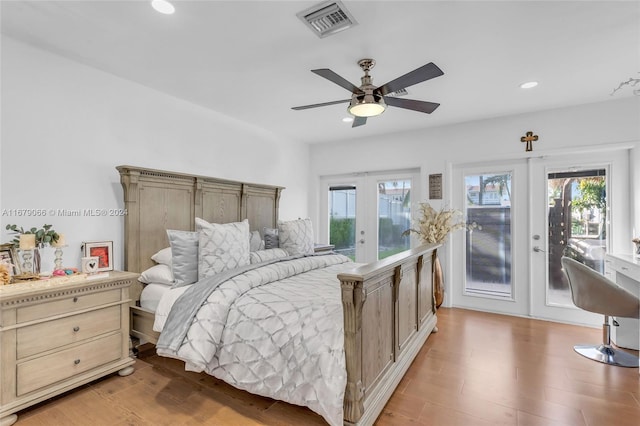 bedroom with french doors, ceiling fan, access to outside, and light wood-type flooring