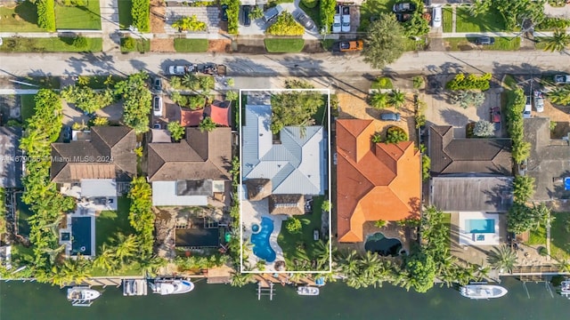 aerial view featuring a water view