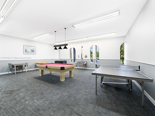 rec room featuring dark carpet and billiards