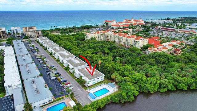 drone / aerial view featuring a water view