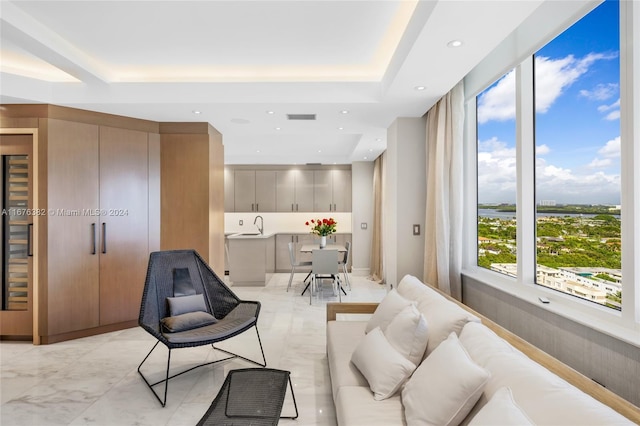 living room featuring a raised ceiling and plenty of natural light