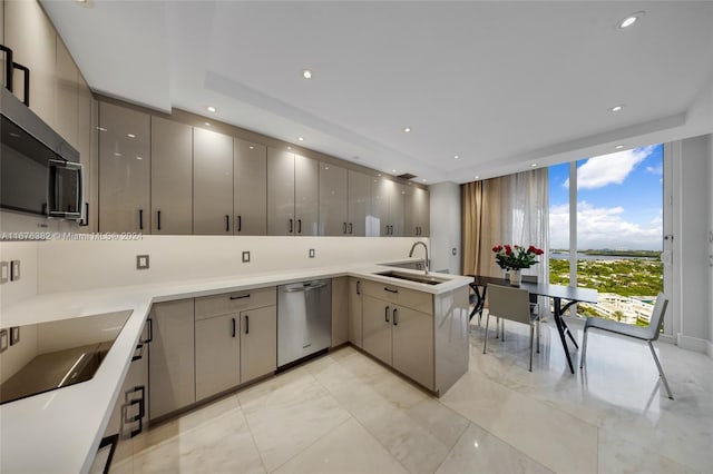 kitchen with gray cabinets, sink, kitchen peninsula, and stainless steel appliances