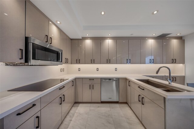 kitchen featuring appliances with stainless steel finishes, gray cabinets, and sink