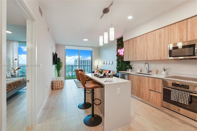 kitchen featuring appliances with stainless steel finishes, a center island, a wealth of natural light, and pendant lighting