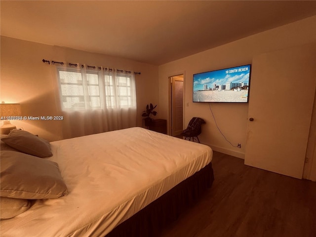 bedroom with dark hardwood / wood-style floors