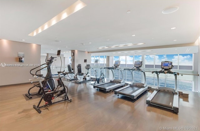 exercise room with light hardwood / wood-style flooring