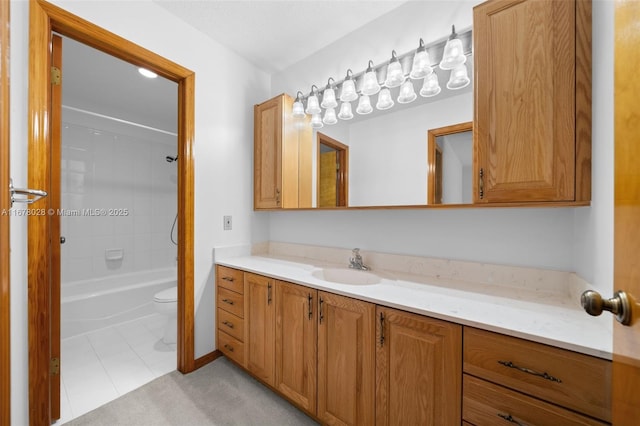 full bathroom featuring tile patterned flooring, vanity, shower / tub combination, and toilet