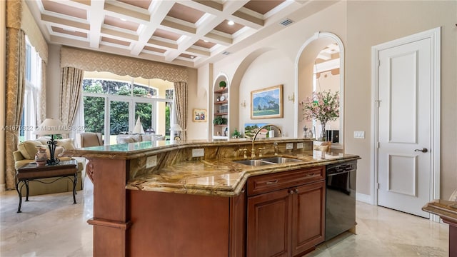 bar with beam ceiling, black dishwasher, light stone counters, sink, and coffered ceiling