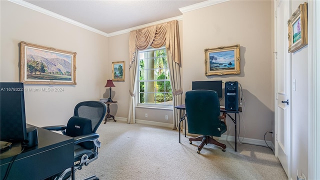 office space with crown molding and light colored carpet