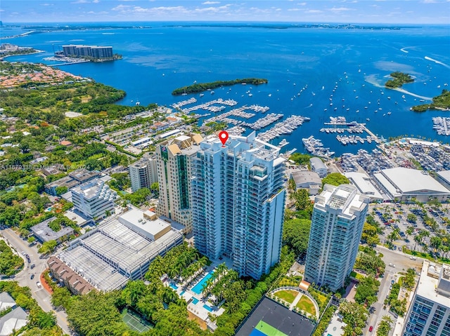 drone / aerial view featuring a water view