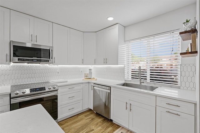 kitchen featuring sink, backsplash, white cabinets, and appliances with stainless steel finishes