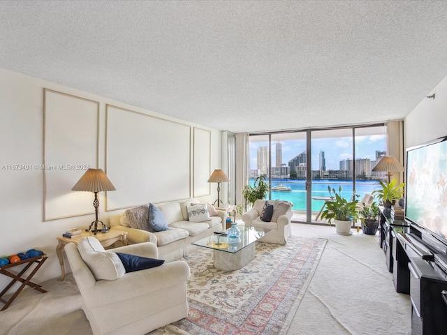 carpeted living room with a textured ceiling and expansive windows