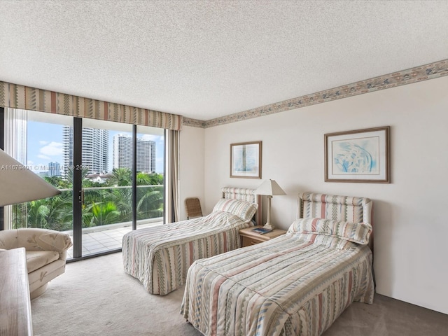 carpeted bedroom featuring a textured ceiling and access to outside