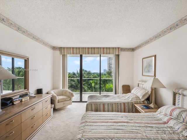 carpeted bedroom featuring a textured ceiling and access to exterior