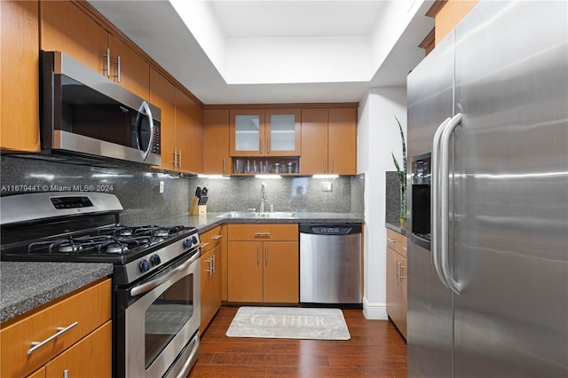 kitchen with dark wood-type flooring, stainless steel appliances, tasteful backsplash, and sink