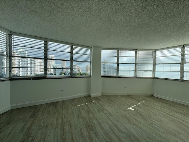 empty room with a textured ceiling, a wealth of natural light, and hardwood / wood-style floors