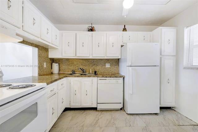 kitchen with sink, white cabinets, white appliances, and tasteful backsplash