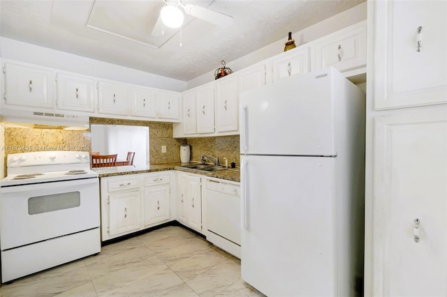 kitchen with white cabinets, ceiling fan, sink, and white appliances