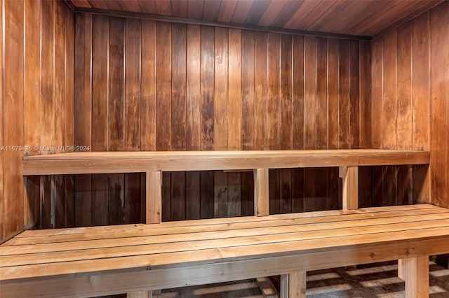 view of sauna / steam room with wood walls and wooden ceiling