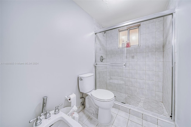 bathroom with a shower with shower door, a bidet, toilet, and tile patterned flooring