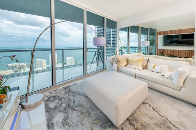 living room featuring a wall of windows