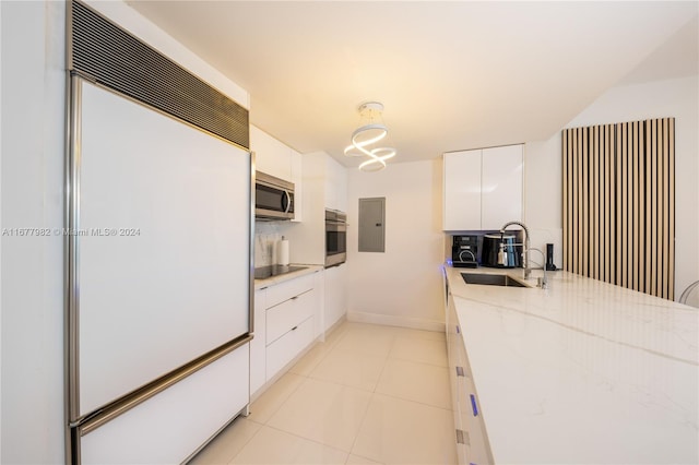 kitchen featuring stainless steel appliances, sink, light stone countertops, electric panel, and white cabinets