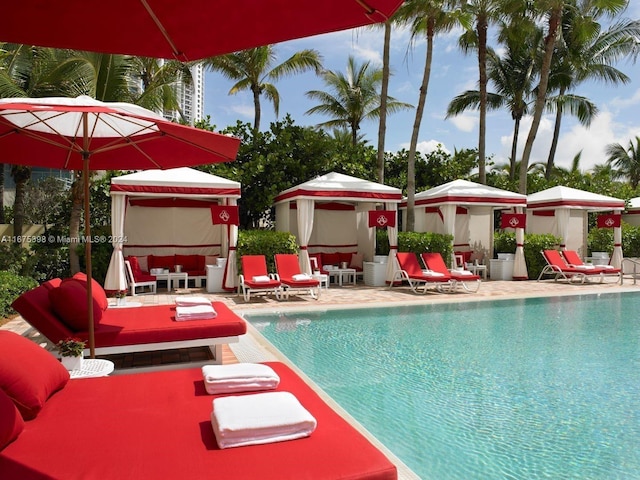 view of swimming pool featuring a patio area