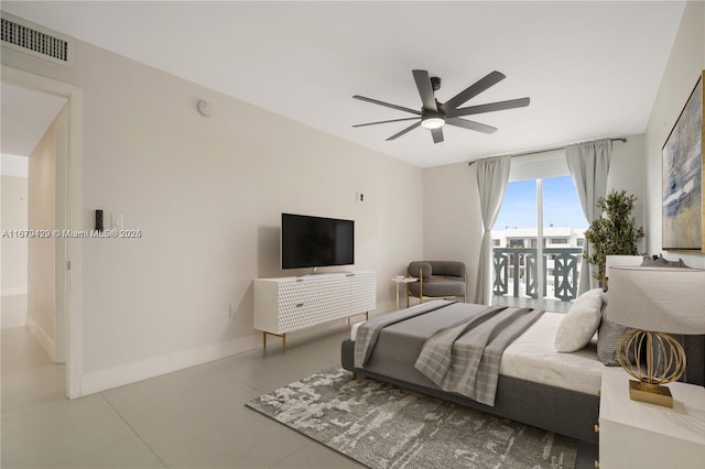 bedroom featuring access to outside and ceiling fan