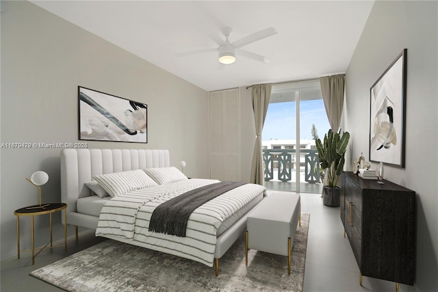 bedroom with access to exterior and ceiling fan