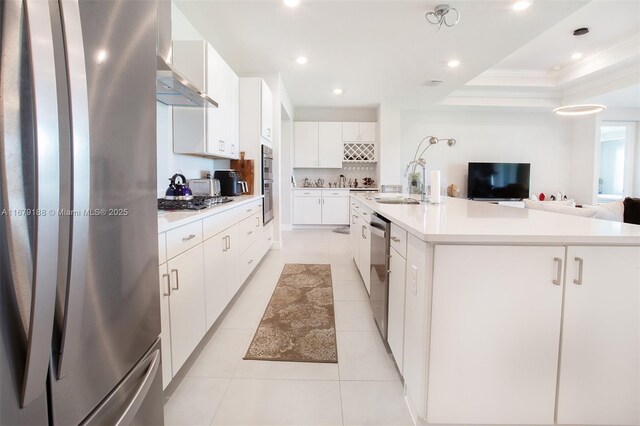 kitchen featuring a large island with sink, wall chimney range hood, stainless steel appliances, a tray ceiling, and white cabinetry