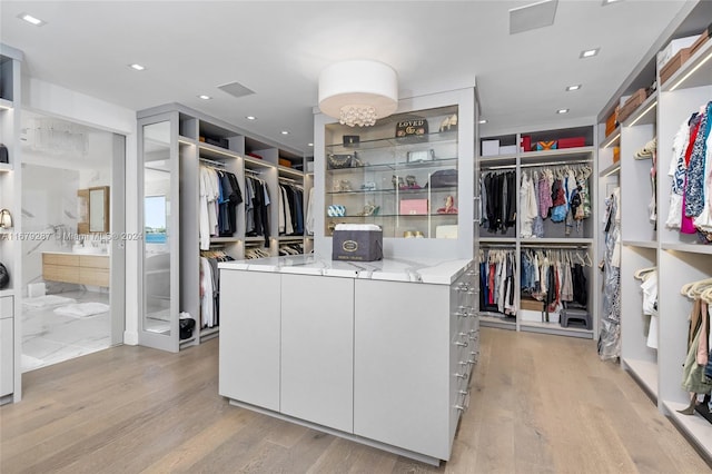 spacious closet featuring light hardwood / wood-style flooring