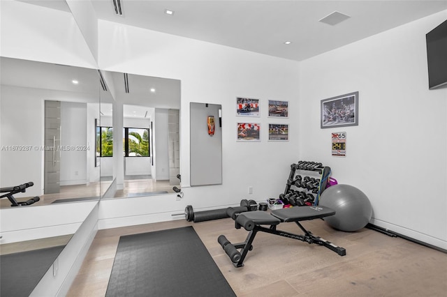 exercise room featuring light hardwood / wood-style flooring