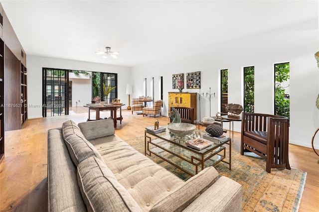 living room featuring ceiling fan and light wood-type flooring