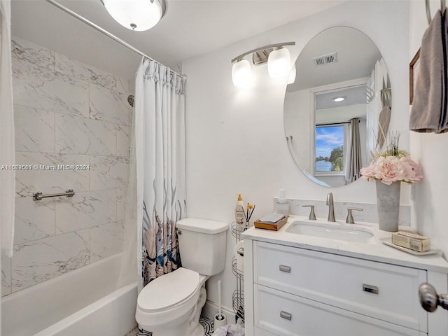 full bathroom with vanity, toilet, and shower / bathtub combination with curtain