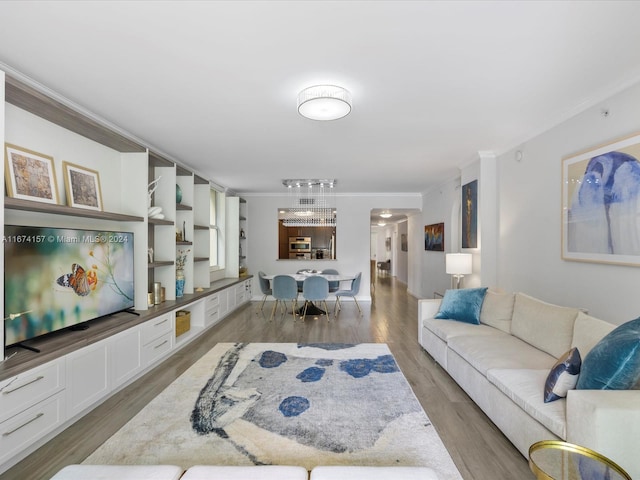 living room featuring crown molding and wood-type flooring