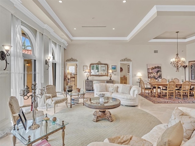 449 Isle Of Palms Dr, Fort Lauderdale, FL 33301 - living room with visible vents, a raised ceiling, and a chandelier