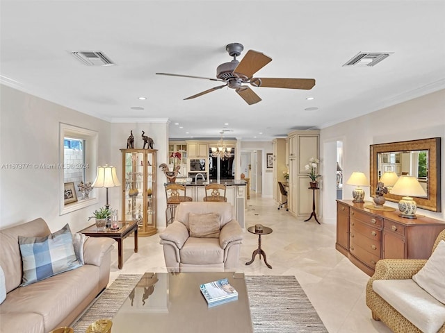 449 Isle Of Palms Dr, Fort Lauderdale, FL 33301 - living area featuring visible vents, ornamental molding, ceiling fan with notable chandelier, and recessed lighting