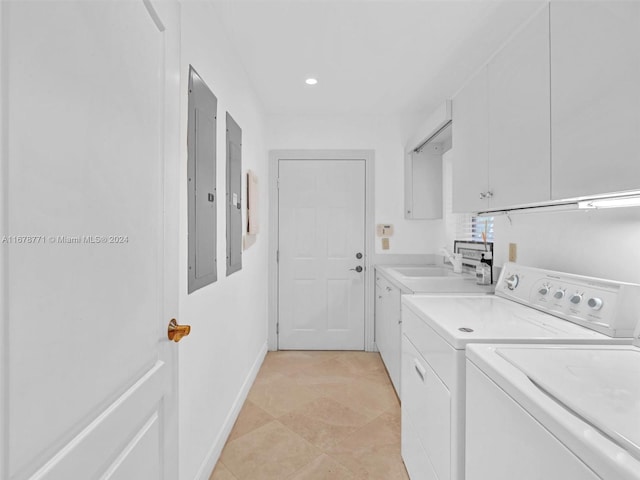 449 Isle Of Palms Dr, Fort Lauderdale, FL 33301 - laundry room featuring electric panel, cabinet space, a sink, recessed lighting, and washer and clothes dryer
