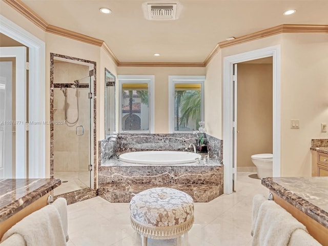 449 Isle Of Palms Dr, Fort Lauderdale, FL 33301 - full bathroom with toilet, a shower stall, visible vents, ornamental molding, and a garden tub