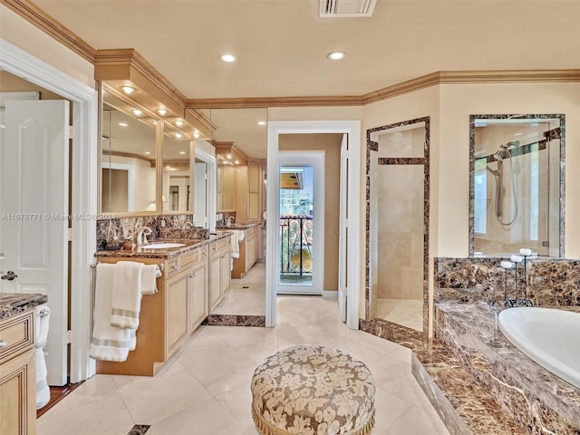 449 Isle Of Palms Dr, Fort Lauderdale, FL 33301 - bathroom featuring a garden tub, visible vents, crown molding, vanity, and tiled shower