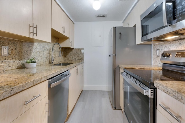 kitchen with backsplash, sink, appliances with stainless steel finishes, a textured ceiling, and light hardwood / wood-style floors