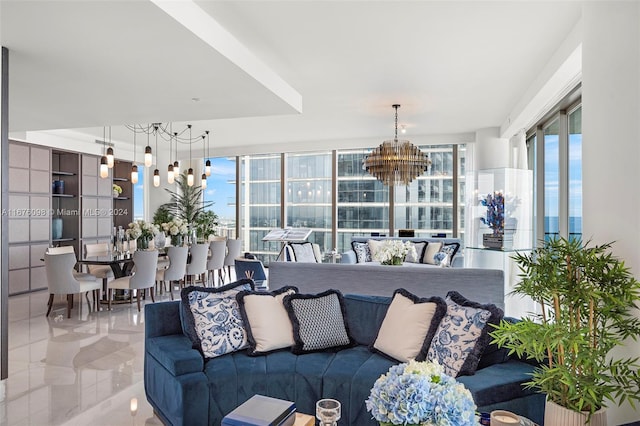 living room with a chandelier